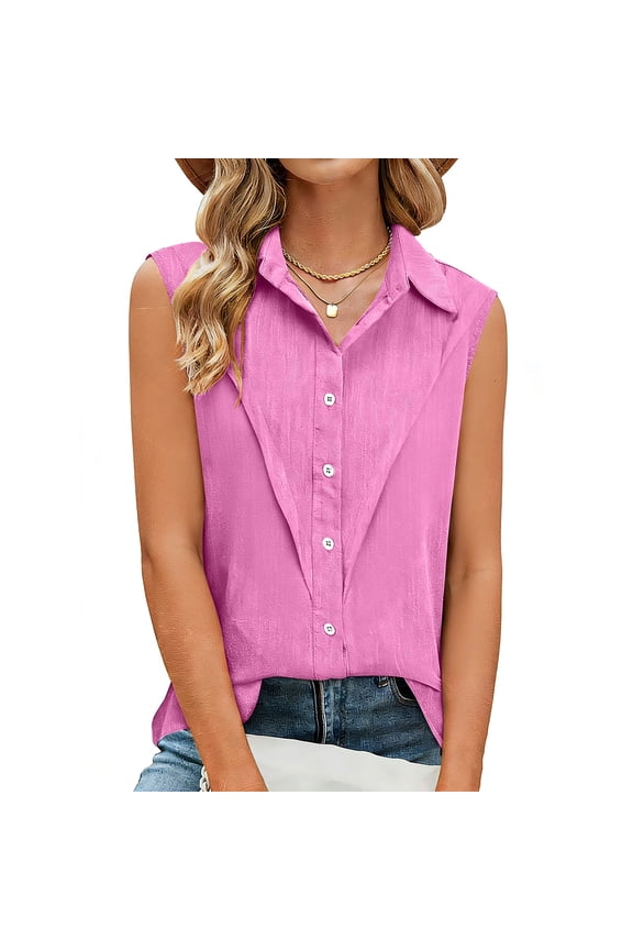 Women's Button Down Shirts Lapel Sleeveless Work Blouses Collared Tank Tops