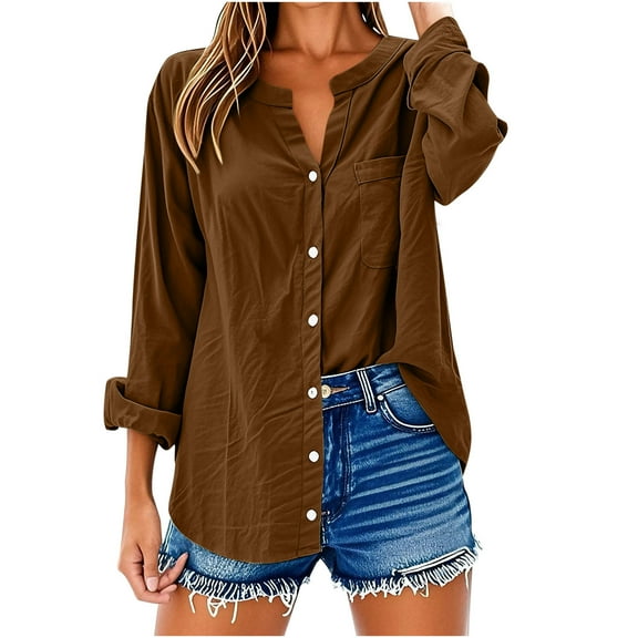 Kukoosong Women's Button Down Shirts Long Sleeve V-Neck Oversized Tops Loose Linen Tunic Tops with Pockets