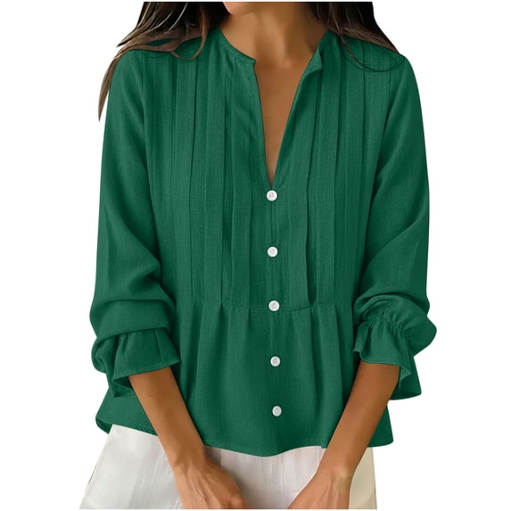 Kukoosong Women's Button Down Shirts Solid Color Long Sleeve V-Neck Pleated Linen for Fall Resort Wear Tops, Casual Trendy Elegant Shirts for Women