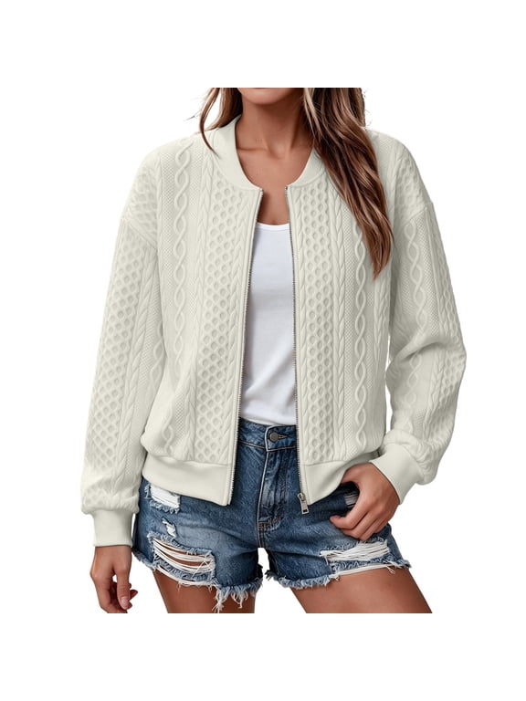 Women's Cable Knit Bomber Jacket, Stand Collar Full Zip Long Sleeve Outerwear, Loose Fit Solid Color Casual Coat with Ribbed Cuffs for Spring and Fall Daily Wear