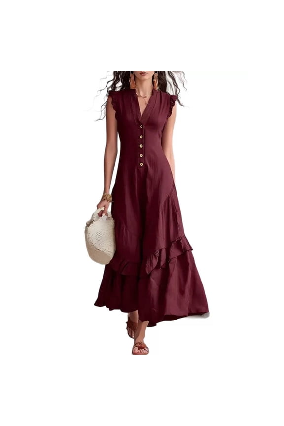 Women's Cap Ruffle Sleeve Button Front Tank Maxi Dress, Solid Color Asymmetrical Tier Ruffle Hem Dress, Casual Summer Notch V Neck Long Sundress