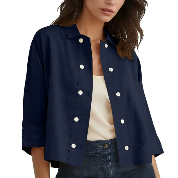 Kukoosong Women's Casual Half Sleeve Crop Top with Button Down Collar, Solid Color Active Fit Blouse for Spring and Summer Fashion, Comfortable Daily Wear Shirt