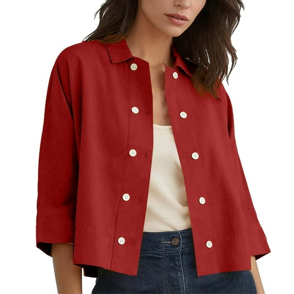Kukoosong Women's Casual Half Sleeve Crop Top with Button Down Collar, Solid Color Active Fit Blouse for Spring and Summer Fashion, Comfortable Daily Wear Shirt