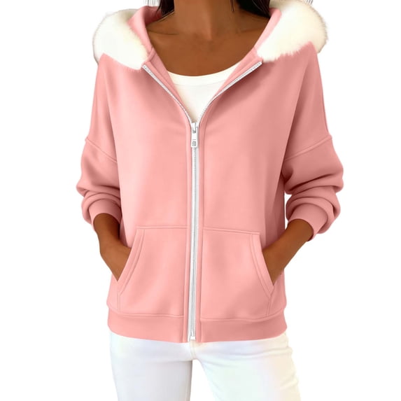 Kukoosong Women's Casual Jacket, Fashion Solid Color Long Sleeve Hoodies, Full Zip Up Sherpa Lined Sweatshirt Jacket Coat