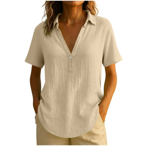 Kukoosong Women's Casual Linen Short Sleeve V-Neck Button Down Crop Top with Turn Down Collar, Solid Color, Active Fit for Daily and Party Wear