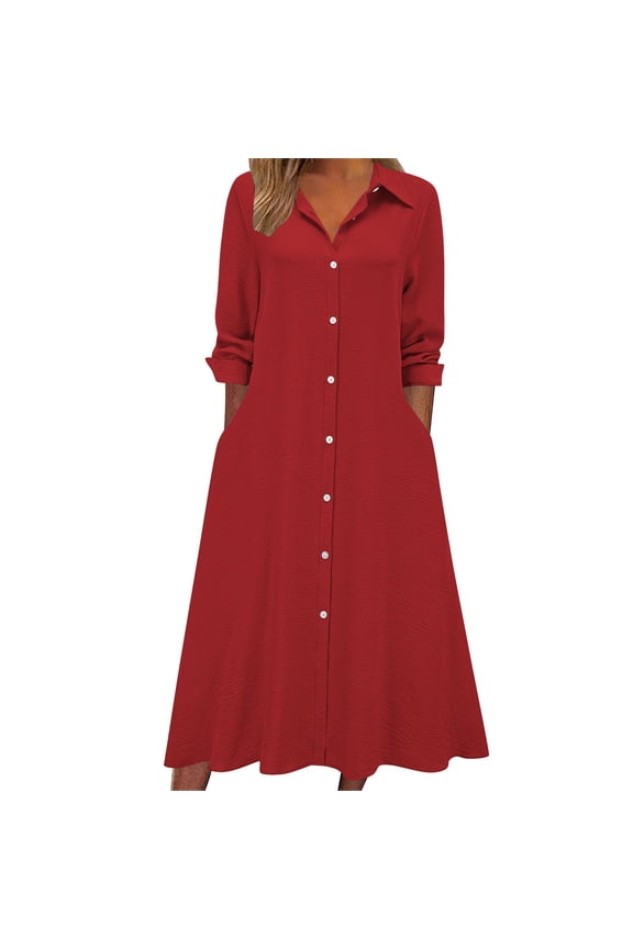 Women's Casual Long Sleeve Tea Length Button Front Shirt Dress Solid Color Polyester with Collar Dresses