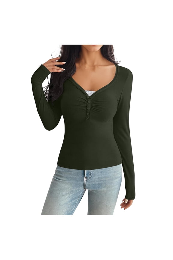 Women's Casual Long Sleeve V-Neck Pullover Blouse with Ruched Bust Detail and Solid Color Women's Pullover Tops