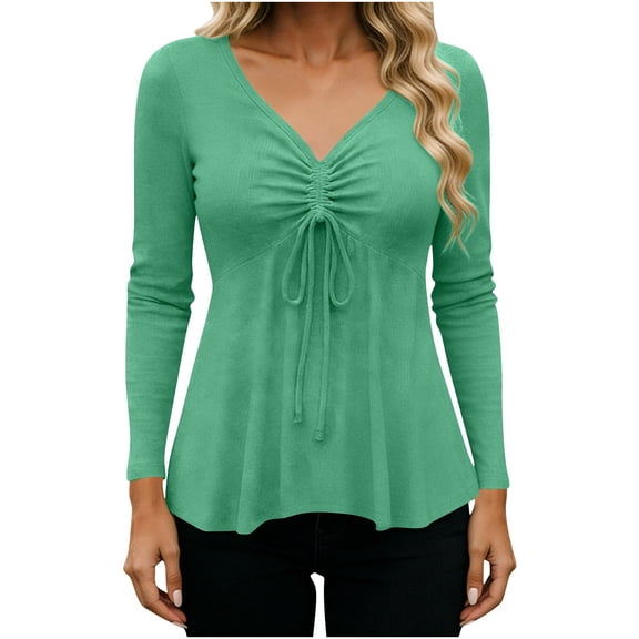 Kukoosong Women's Casual Long Sleeve V-Neck Pullover Top Slim Fit Solid Color with Lace Trim for Everyday Wear Women's Pullover Tops