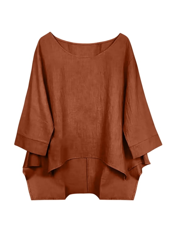 Women's Casual Loose Fit 3/4 Sleeve Crew Neck Linen Crop Top Solid Color Tee Shirt Women's Plus Size Tops