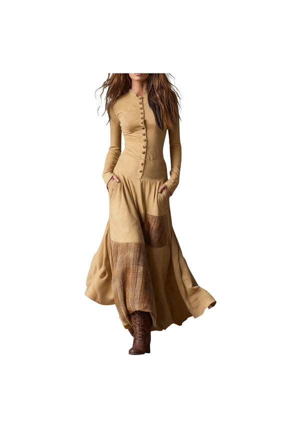 Women's Casual Patchwork Long Sleeve Maxi Dress with High Waisted Elastic Waistband A-Line Loose Fit