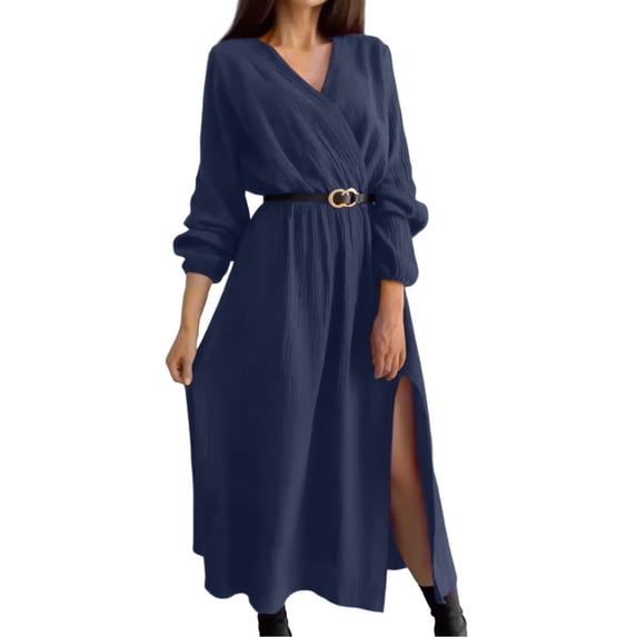 Kukoosong Women's Casual Peasant Maxi Dress Long Sleeve V-Neck Solid Color with Waist Cinched Belt Elegant Formal Long Dresses