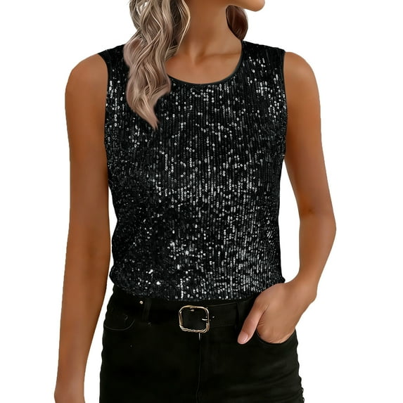 Kukoosong Women's Casual Sequin Sleeveless Crop Tank Top with Round Neck Pull-On Slim Fit for Summer Daily Wear Women's Tank Tops