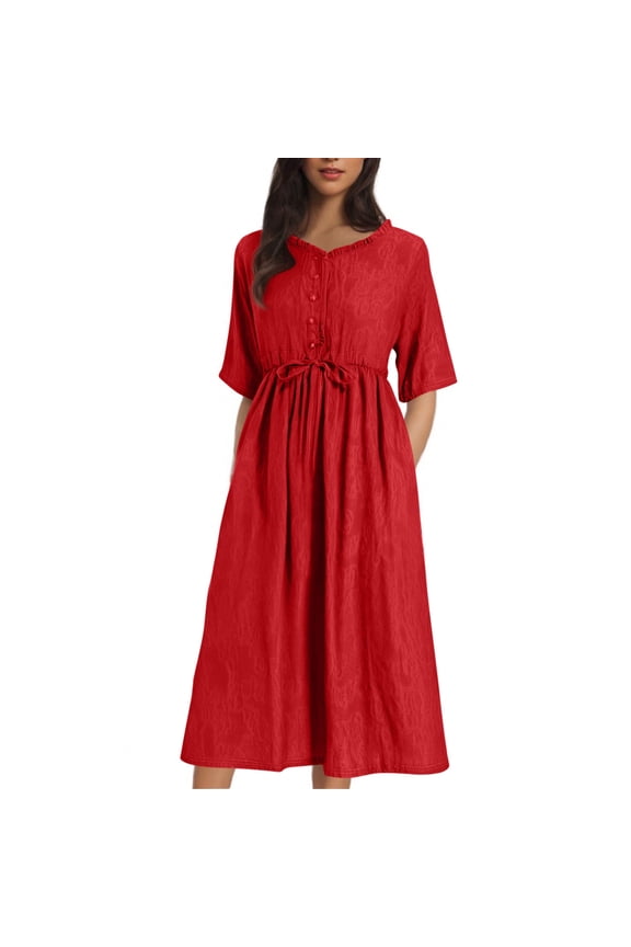 Women's Casual Short Sleeve Crew Neck Solid Skater Dress Tea Length with Pockets and Buttons for Summer Wear