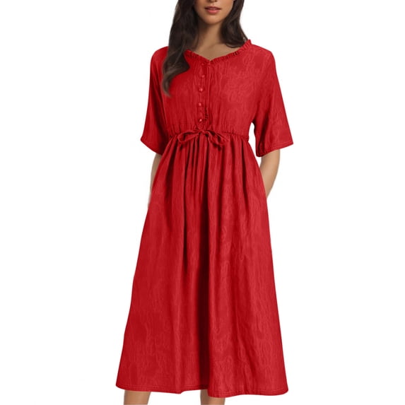 Kukoosong Women's Casual Short Sleeve Crew Neck Solid Skater Dress Tea Length with Pockets and Buttons for Summer Wear