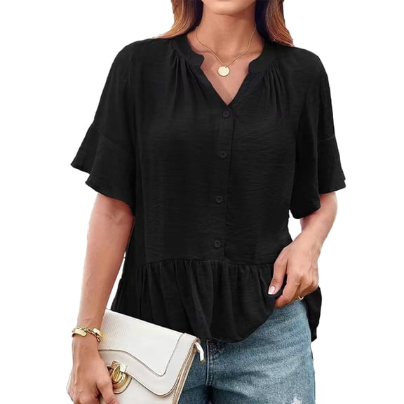 Kukoosong Women's Casual Short Sleeve V-Neck Button-Front Blouse with Ruffled Hem and Loose Fit, Solid Color for Spring and Summer
