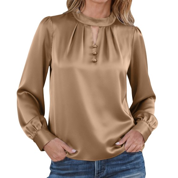 Kukoosong Women's Casual Solid Color Satin Crew Neck Long Sleeve Blouse Slim Fit Pull-On Top Business Shirts Women's Shirts