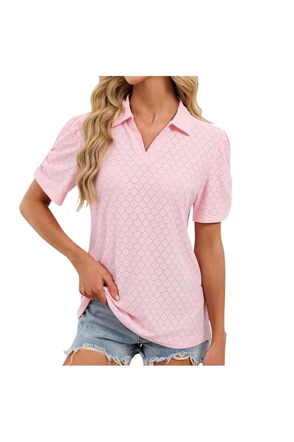 Women's Casual Solid Color Short Sleeve Crop Top with Turn Down Collar, Pull-On, Active Fit for Summer, Polyester Spandex Blend