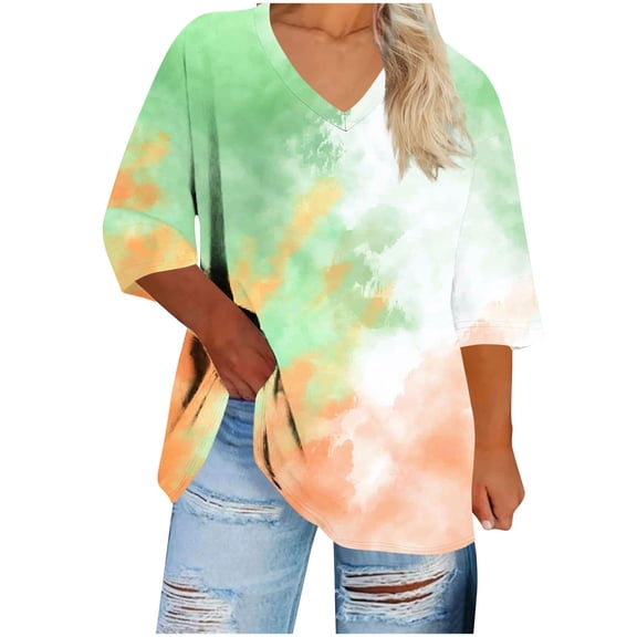 Kukoosong Women's Casual V-Neck 3/4 Sleeve Tie-Dye Crop Top Loose Fit T-Shirt Women's Plus Size Tops