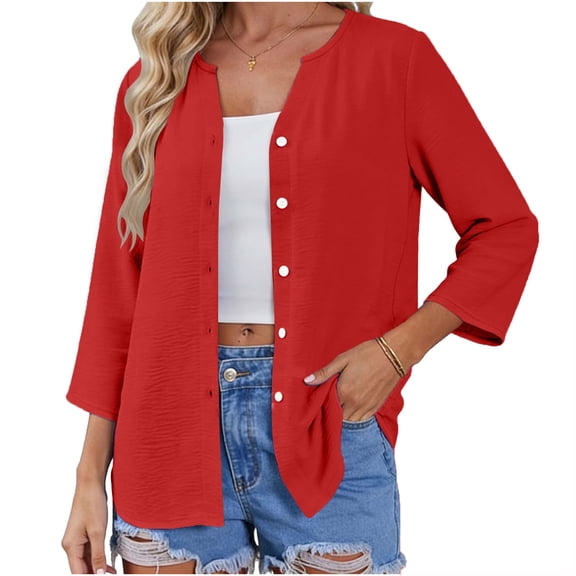 Kukoosong Women's Casual V-Neck Button-Up Blouse with 3/4 Sleeve Crop Top Solid Color Polyester Comfortable Women's Tops