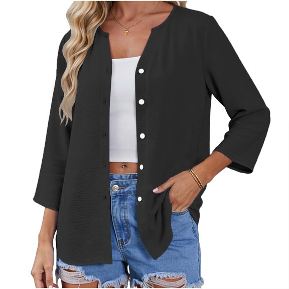 Kukoosong Women's Casual V-Neck Button-Up Blouse with 3/4 Sleeve Crop Top Solid Color Polyester Comfortable Women's Tops