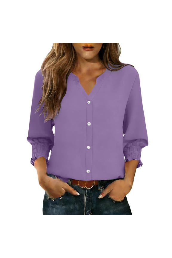 Women's Casual V-Neck Button Up Crop Top with 3/4 Sleeve Solid Color Active Fit T-Shirt for Spring and Summer Fashion Daily Wear