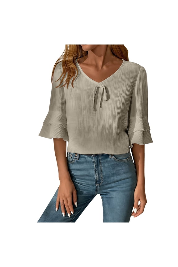 Women's Casual V-Neck Elbow-Length Sleeve Solid Color Pullover Top with Active Fit Women's T-Shirts