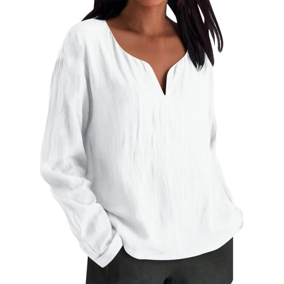Kukoosong Women's Casual V-Neck Long Sleeve Blouse with Notch Collar Pull-On Active Fit Solid Color Top for Spring Summer Fall Fashion Daily Office Street Wear
