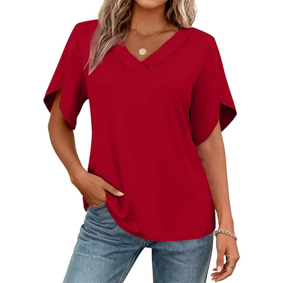 Kukoosong Women's Casual V-Neck Short Sleeve Crop Top with Ruffle Detail Solid Color Polyester Active Fit T-Shirt Women's T-Shirts