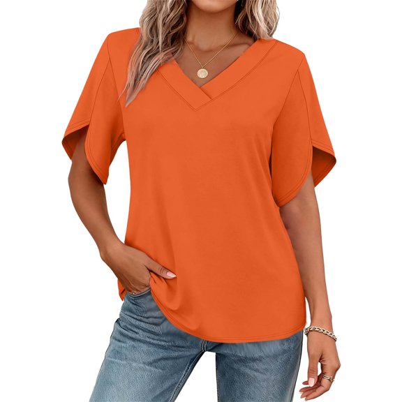 Kukoosong Women's Casual V-Neck Short Sleeve Crop Top with Ruffle Detail Solid Color Polyester Active Fit T-Shirt Women's T-Shirts