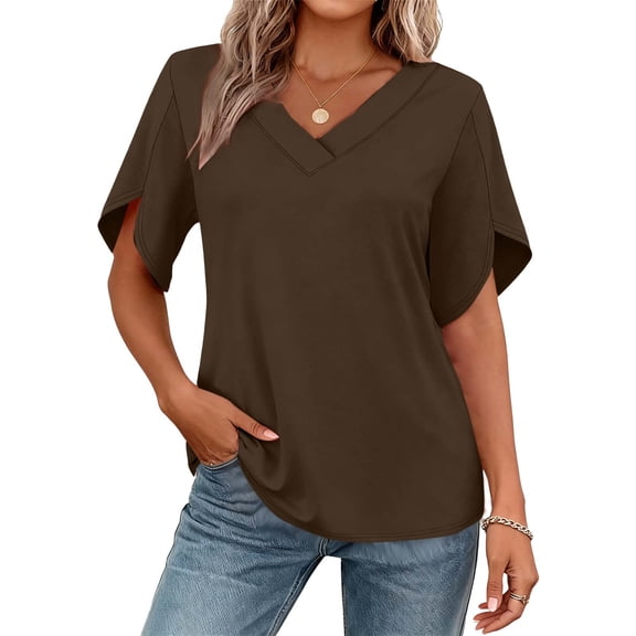 Kukoosong Women's Casual V-Neck Short Sleeve Crop Top with Ruffle Detail Solid Color Polyester Active Fit T-Shirt Women's T-Shirts
