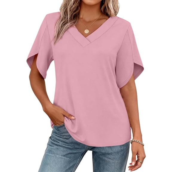 Kukoosong Women's Casual V-Neck Short Sleeve Crop Top with Ruffle Detail Solid Color Polyester Active Fit T-Shirt Women's T-Shirts