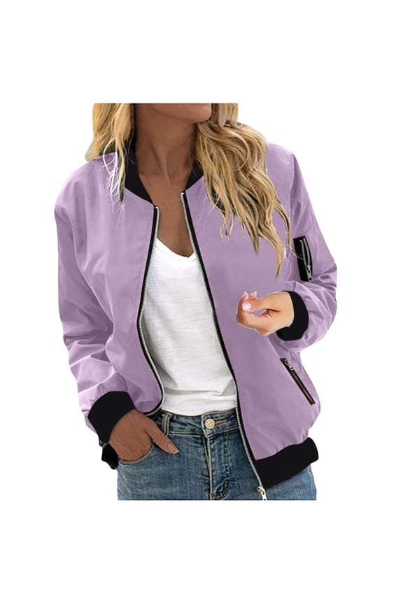 Women's Casual Zip Up Bomber Jacket, Lightweight Short Varsity Coat, Fashion Solid Color Windbreaker with Pocket