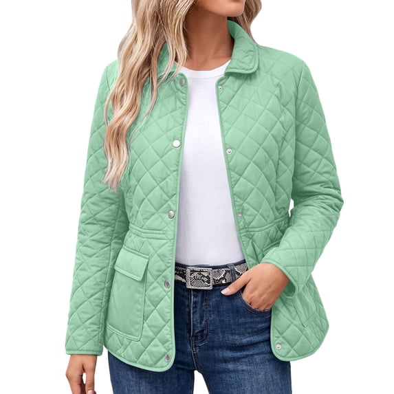 Kukoosong Women's Collared Quilted Jacket, Long Sleeve Snap Button Lightweight Jacket, Cinched Waist Padded Outerwear with Flap Pockets for Fall Winter Daily Outfits