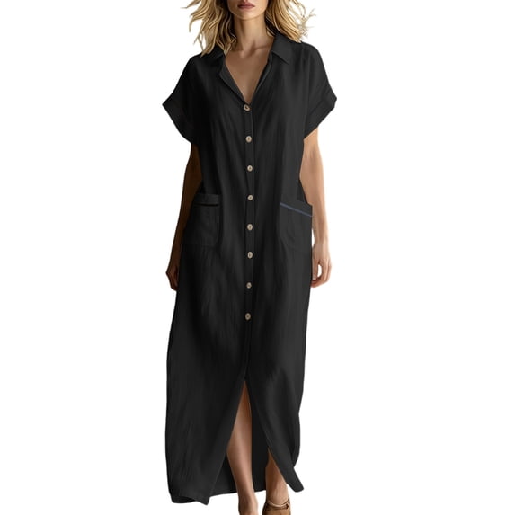 Kukoosong Women's Collared V Neck Short Sleeve Maxi Shirt Dress, Button Down Casual Loose Tunic Dress with Pockets for Summer Beach Vacation
