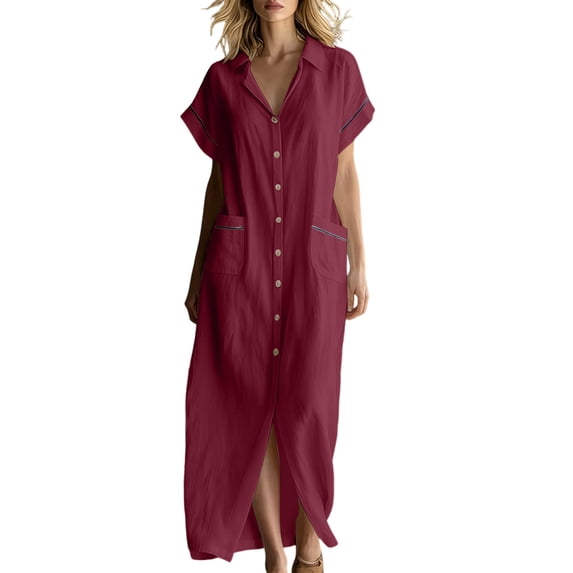 Kukoosong Women's Collared V Neck Short Sleeve Maxi Shirt Dress, Button Down Casual Loose Tunic Dress with Pockets for Summer Beach Vacation