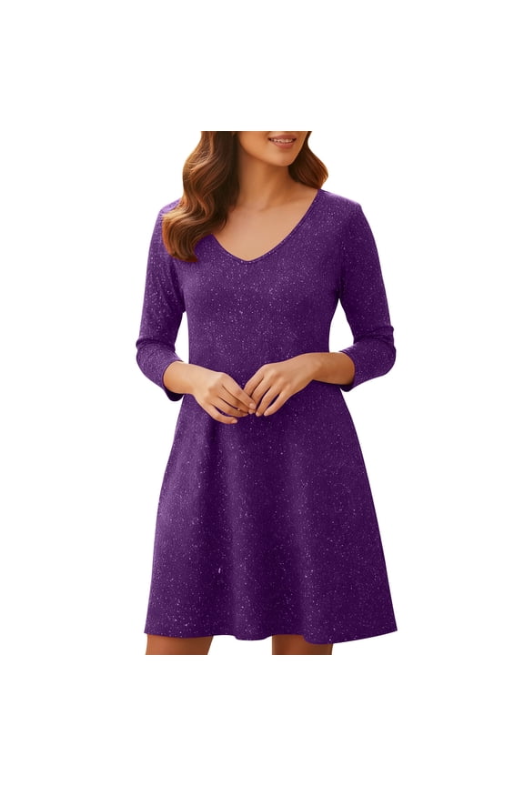 Women's Crew Neck A-Line Midi Dress Summer Casual Long Sleeve with Pockets Comfortable Lightweight Solid Color Dresses
