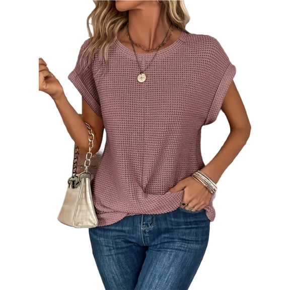 Kukoosong Women's Crew Neck Short Sleeve Knit Crop Top with Asymmetrical Side Twist in Solid Color for Casual Loose Fit Comfortable Everyday Wear