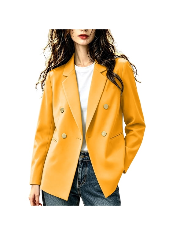 Women's Double Breasted Blazer, Casual Work Office Jacket with Gold Buttons and Lapel Collar for Business, Women's Classic Suit Jacket