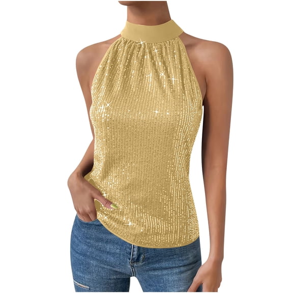 Kukoosong Women's Dressy Mock Neck Sleeveless Sequin Blouse Solid Color Tops for Casual Party and Daily Wear Women Sleeveless Tank Tops