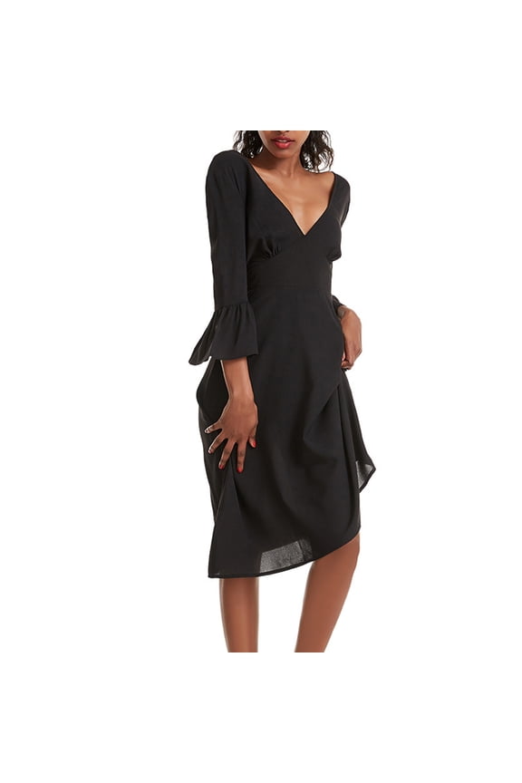 Women's Elegant Deep V-Neck 3/4 Sleeve A-Line Midi Dress with Open Back and Bow for Cocktail Party, Wedding Guest, and Evening Occasions Dresses