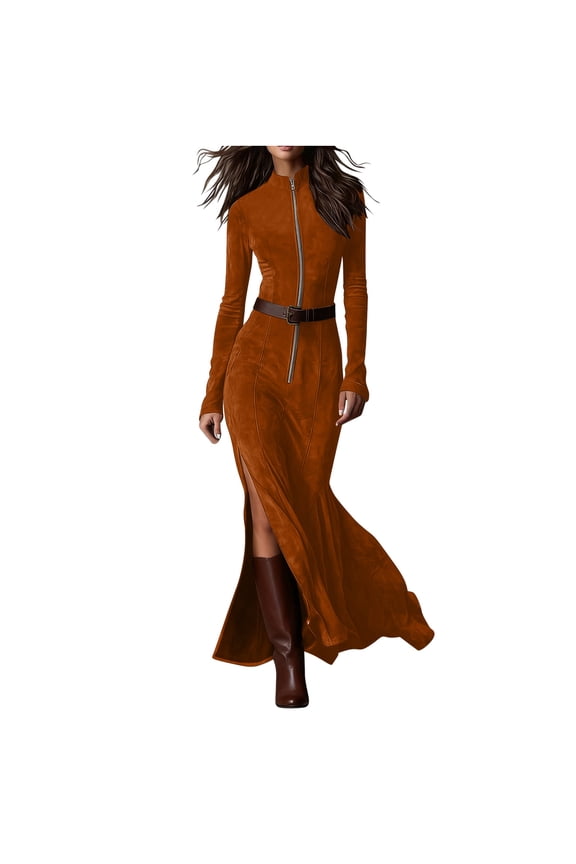 Women's Elegant Polyester Long Sleeve Maxi Evening Gown with Semi-Zip Lapel and Fish Tail for Party Wedding and Formal Occasions Dresses