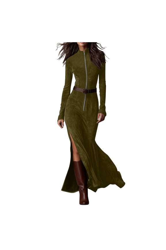 Women's Elegant Polyester Long Sleeve Maxi Evening Gown with Semi-Zip Lapel and Fish Tail for Party Wedding and Formal Occasions Dresses