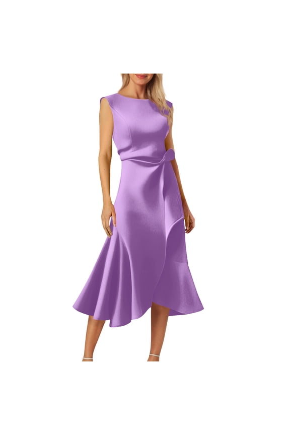 Women's Elegant Slim Fit Solid Color Button Front Lapel Belted Pocket Tea-Length Sleeveless Crew Neck Evening Gown Party Dress for Wedding Cocktail Formal Occasions Dresses