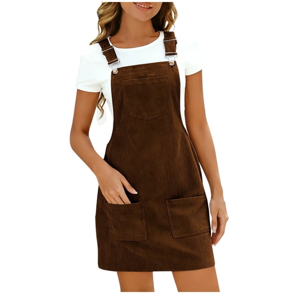 Kukoosong Women's Fall Winter Sleeveless Square Neck Bodycon Corduroy Overall Dress with Adjustable Straps and Multi-Pockets Cocktail-Length for Casual Party Daily Wear Dresses