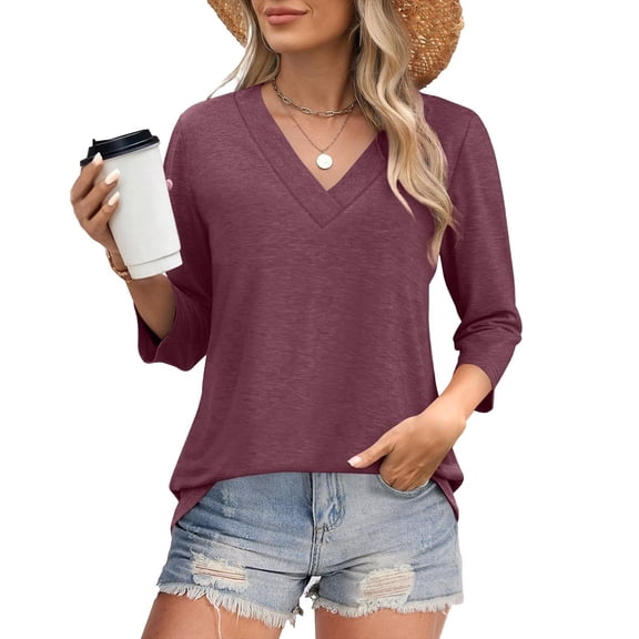Kukoosong Women's Fashion V-Neck 3/4 Sleeve Blouse with Solid Color and Pleated Detail for Casual, Party, and Work Wear Women's Tops