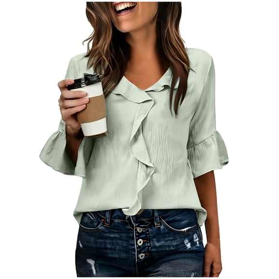 Kukoosong Women's Fashion V-Neck Lace Collar Elbow-Length Sleeve Blouse Solid Color Slim Fit Comfortable Soft Pull-On Top Spring Summer Casual Office Daily Wear