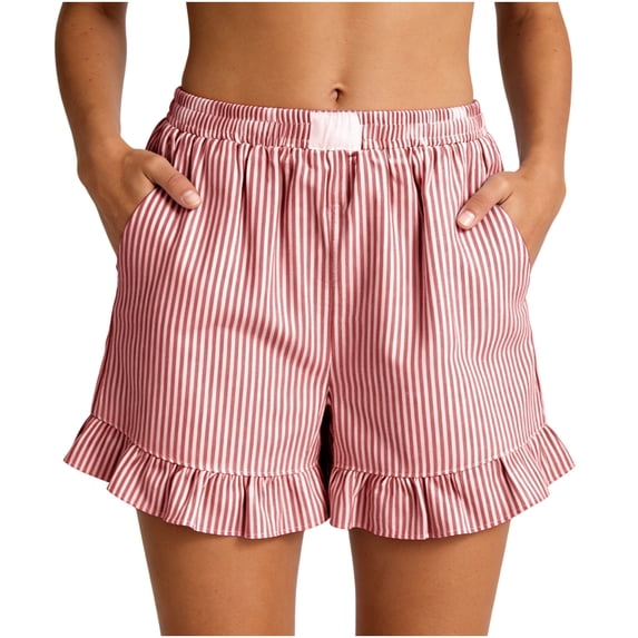 Kukoosong Women's Fashionable Striped Linen Shorts with Elastic Waist Lace-up Pockets Short Pants for Summer Beach Casual Wear