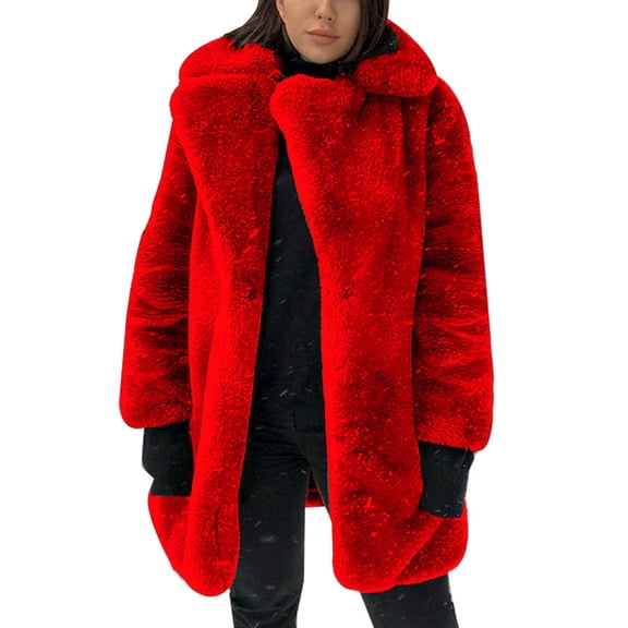 Kukoosong Women's Faux Fur Coats, Winter Warm Lapel Furry Mid-Length Jackets, Open Front Thick Faux Cardigan Outerwear Coats for Women