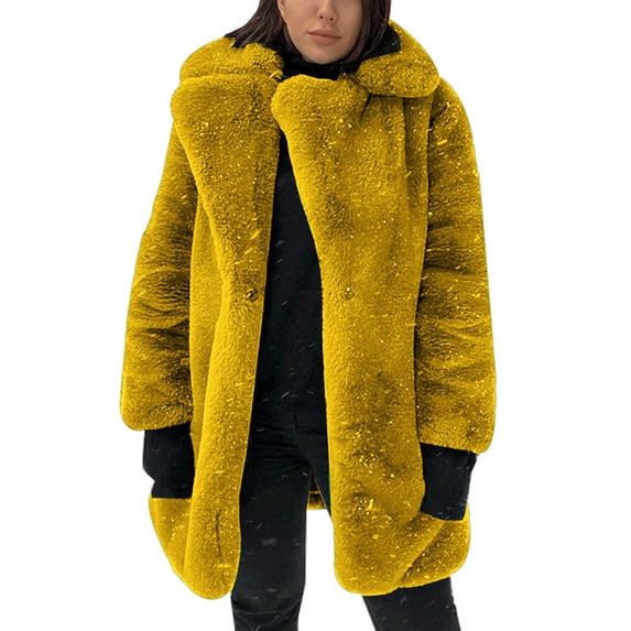 Kukoosong Women's Faux Fur Coats, Winter Warm Lapel Furry Mid-Length Jackets, Open Front Thick Faux Cardigan Outerwear Coats for Women