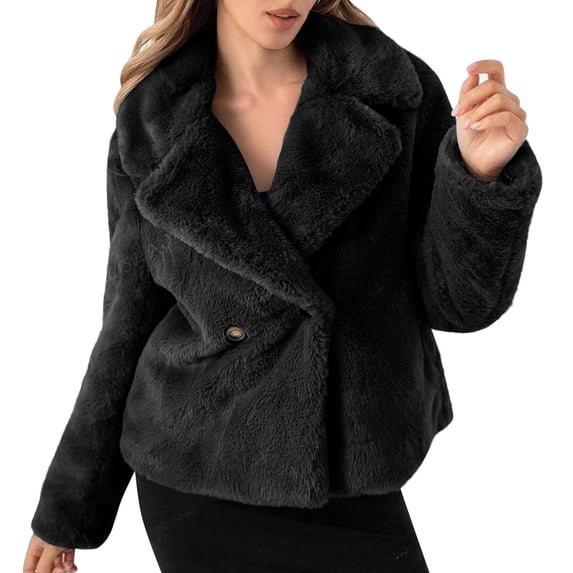 Kukoosong Women's Faux Fur Jackets, Long Sleeve Open Front Lapel Fluffy Winter Jackets, Winter Warm Solid Color Cropped Outerwear Fuzzy Coats